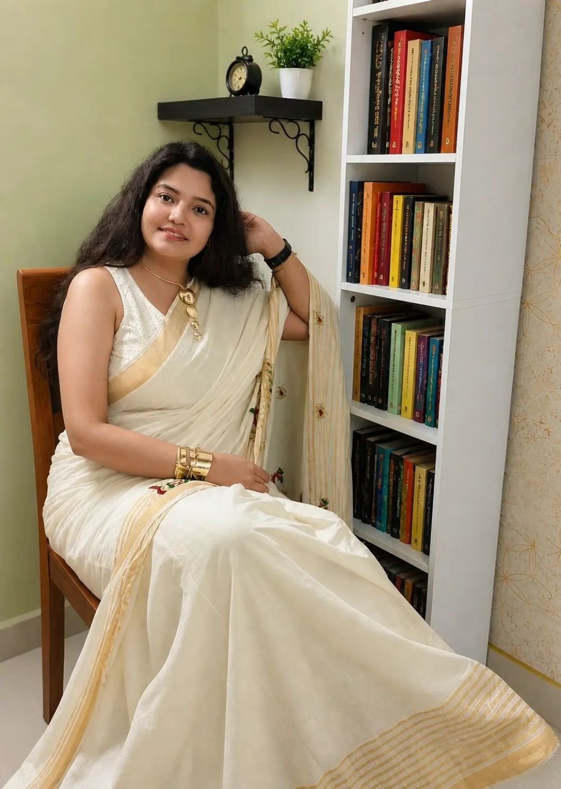 Debarati Mukhopadhyay in a cream sari beside her bookshelves